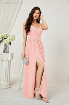 Baoleely  Neck Bridesmaid Dresses Chiffon Long Spaghetti A-line Formal Prom Gown for Wedding Party Evening 2801