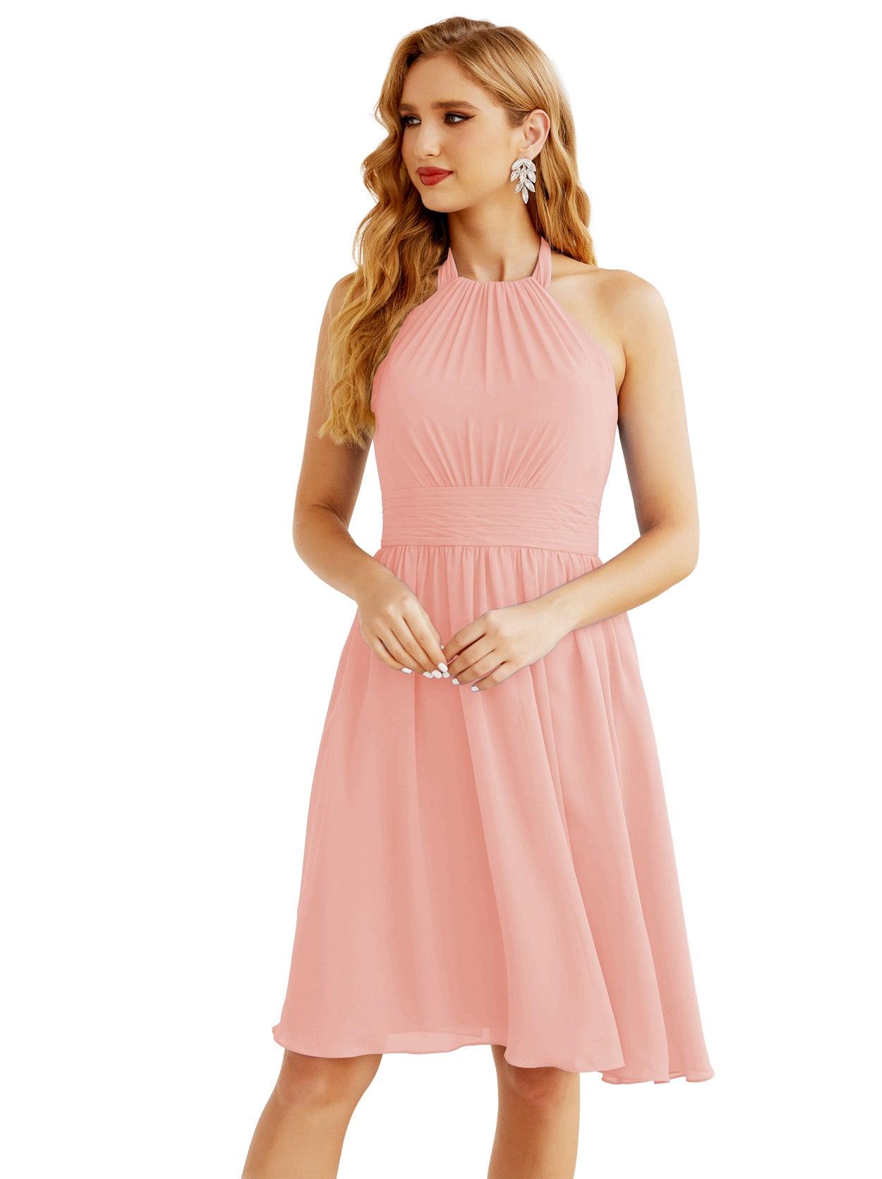 Baoleely Halter Chiffon Bridesmaid Dresses Short Sleeveless Formal Party Dress Open Back 28023