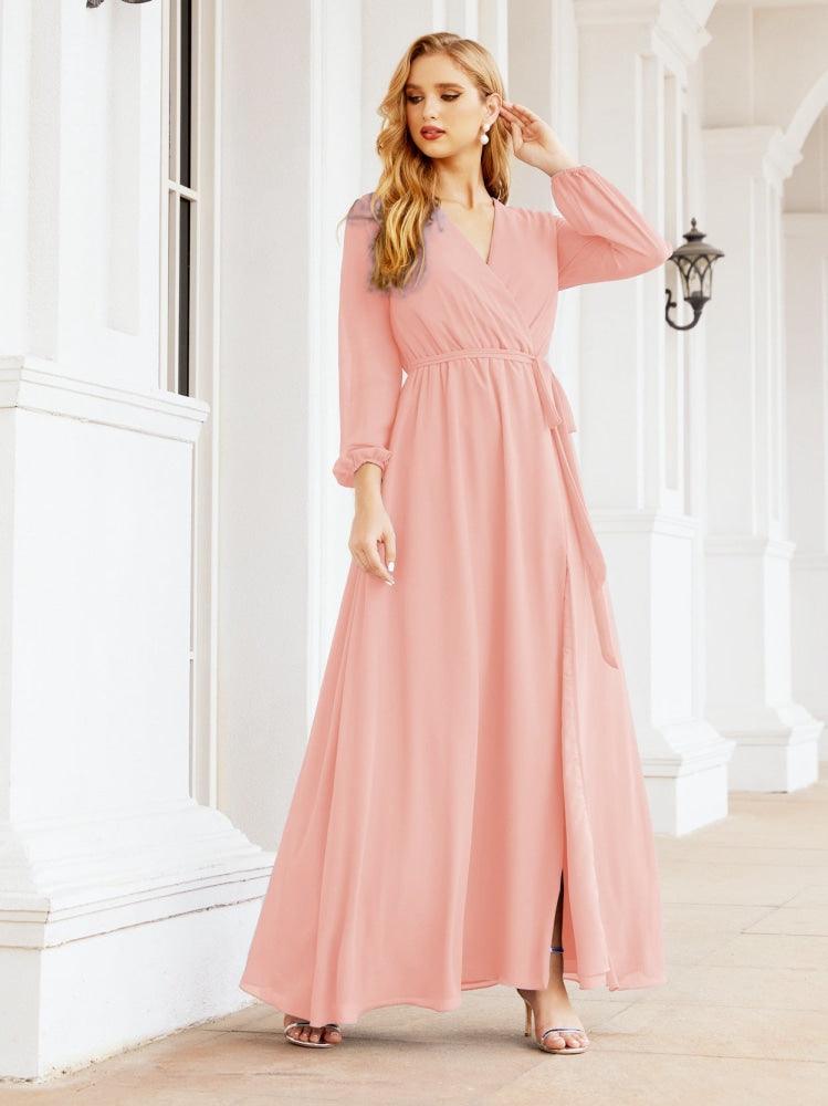 Numbersea Women's Chiffon Bridesmaid Dress A line Long Sleeves Formal Evening Prom Gown for Wedding Guest 28032