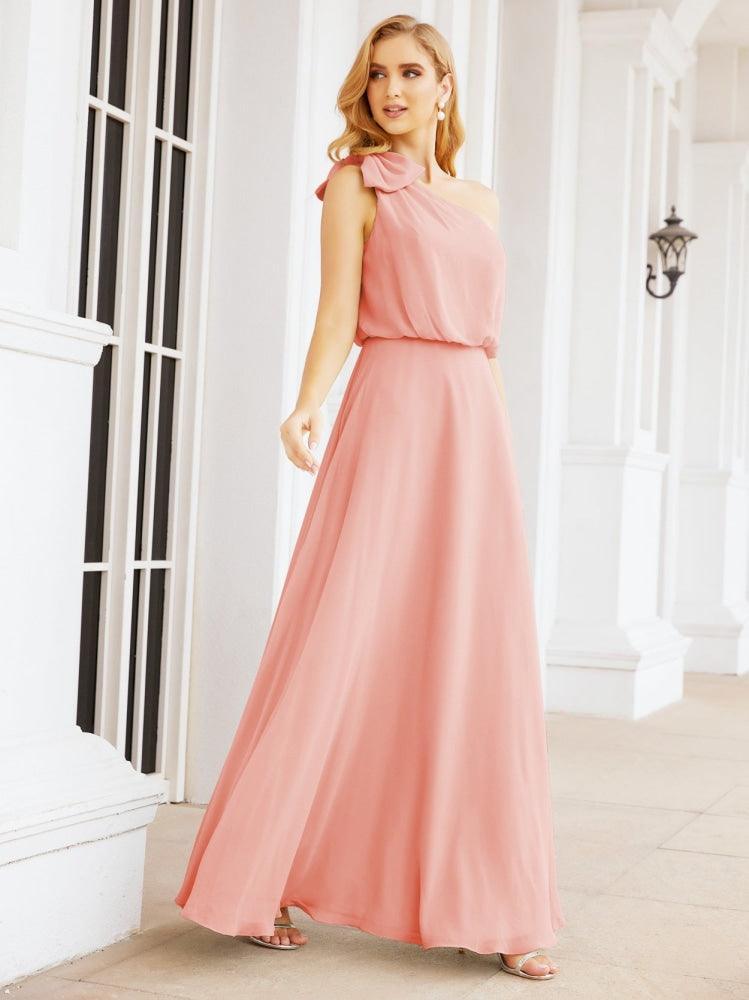 Numbersea Chiffon Ruffled One Shoulder Sleeveless Long Bride Dresses A-line Formal Evening Gown Side Split 28057