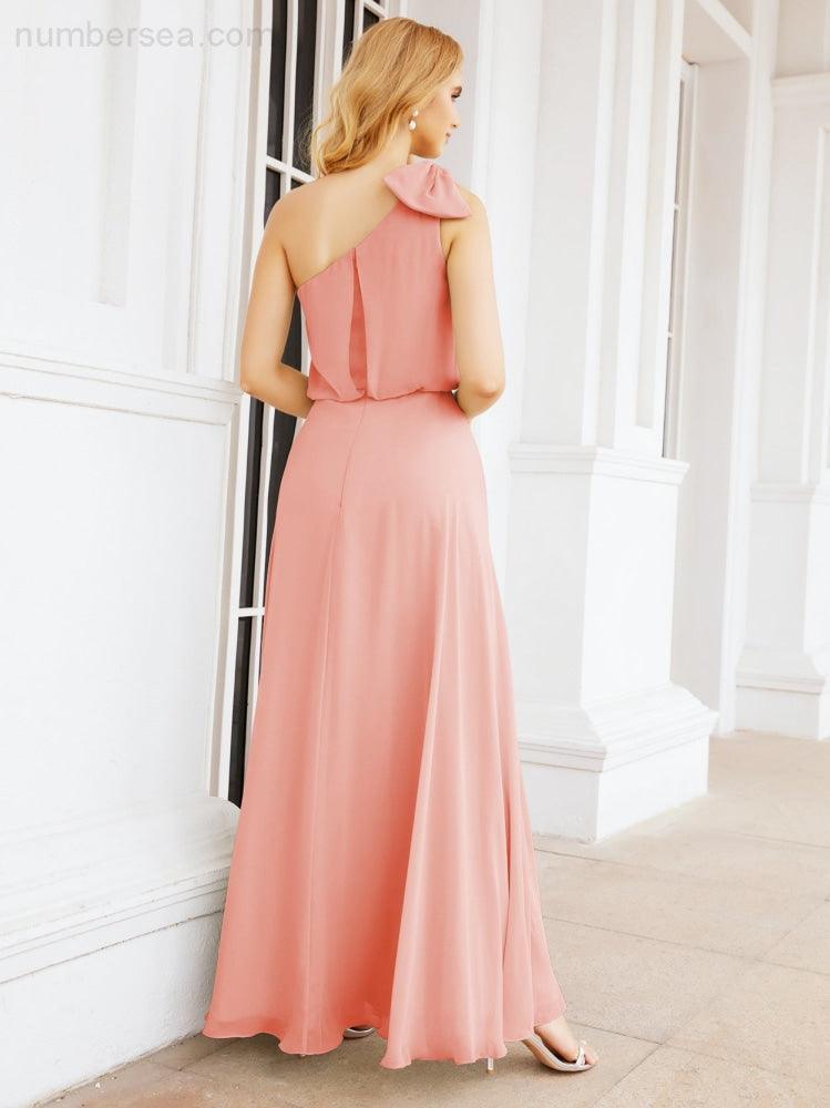 Numbersea Chiffon Ruffled One Shoulder Sleeveless Long Bride Dresses A-line Formal Evening Gown Side Split 28057