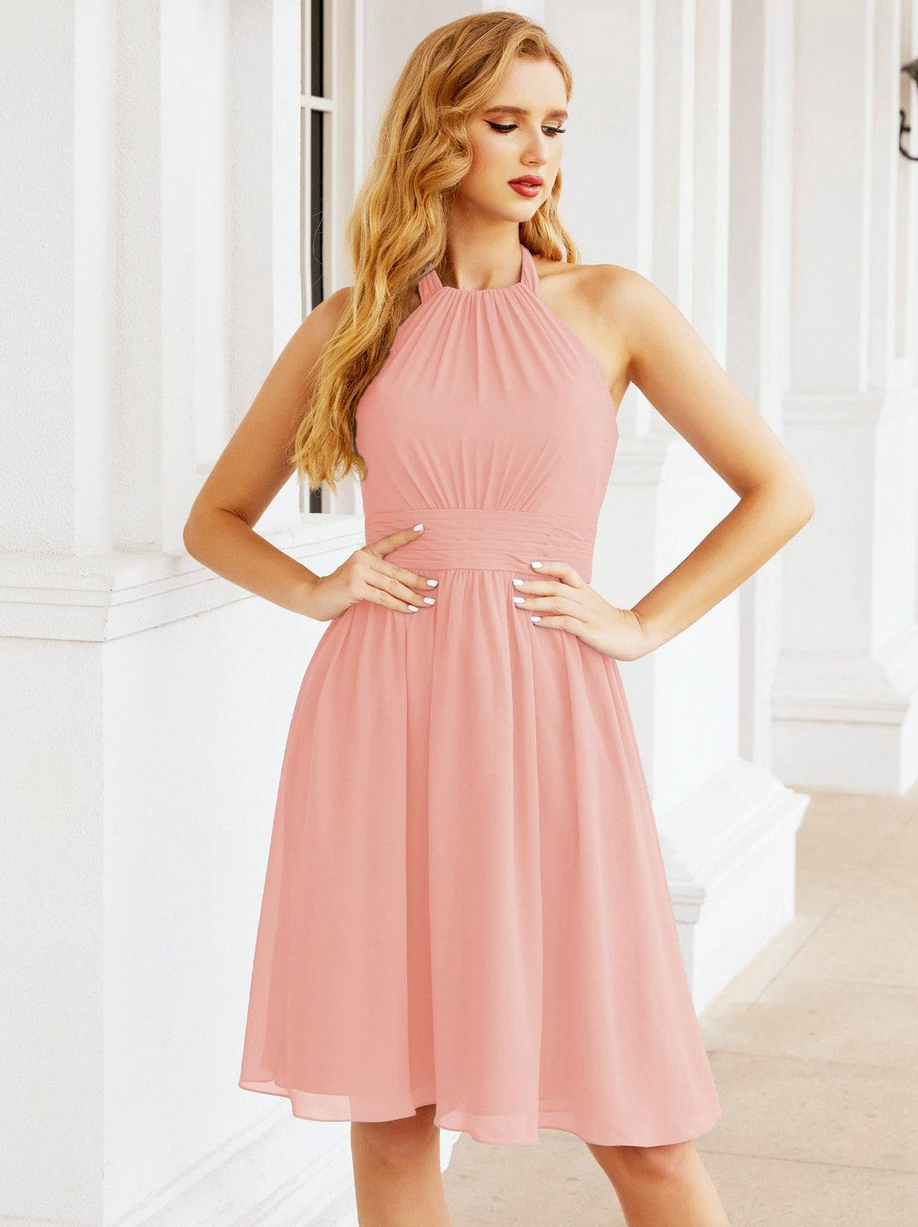 Baoleely Halter Chiffon Bridesmaid Dresses Short Sleeveless Formal Party Dress Open Back 28023