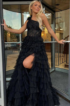 A Line One Shoulder Tiered Long Prom Dress
