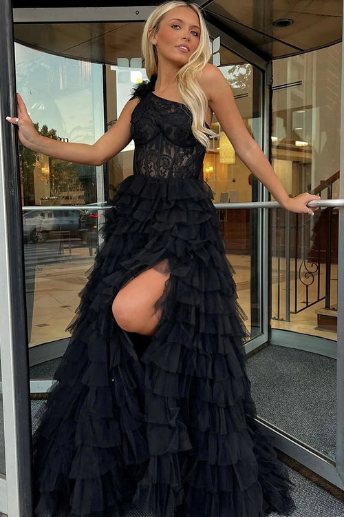 A Line One Shoulder Tiered Long Prom Dress