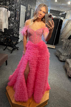 Off the Shoulder Tulle Tiered A-Line Long Corset Prom Dress with Beading