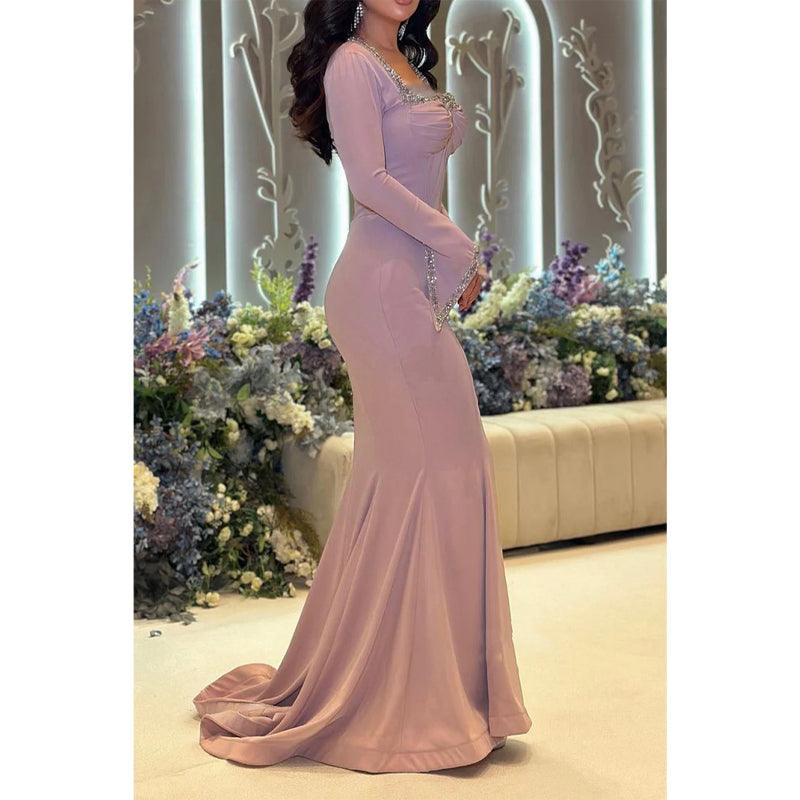 Sheath Square Beaded Lilac Long Sleeves Prom Dress Evening Gowns