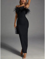 Wedding Guest Dresses Elegant Dress Formal Fall Ankle Length Sleeveless Strapless Stretch Fabric with Feather Slit Evening Dresses