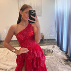 Sheath One Shoulder Tiered Lace Long Prom Dress