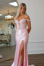 Blush Off the Shoulder Mermaid Satin Long Corset Prom Dress with Appliques