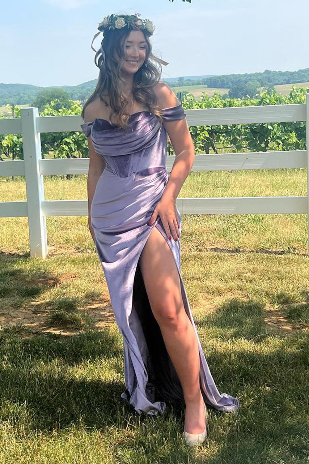 Purple Off the Shoulder Velvet Mermaid Long Corset Prom Dress with Slit