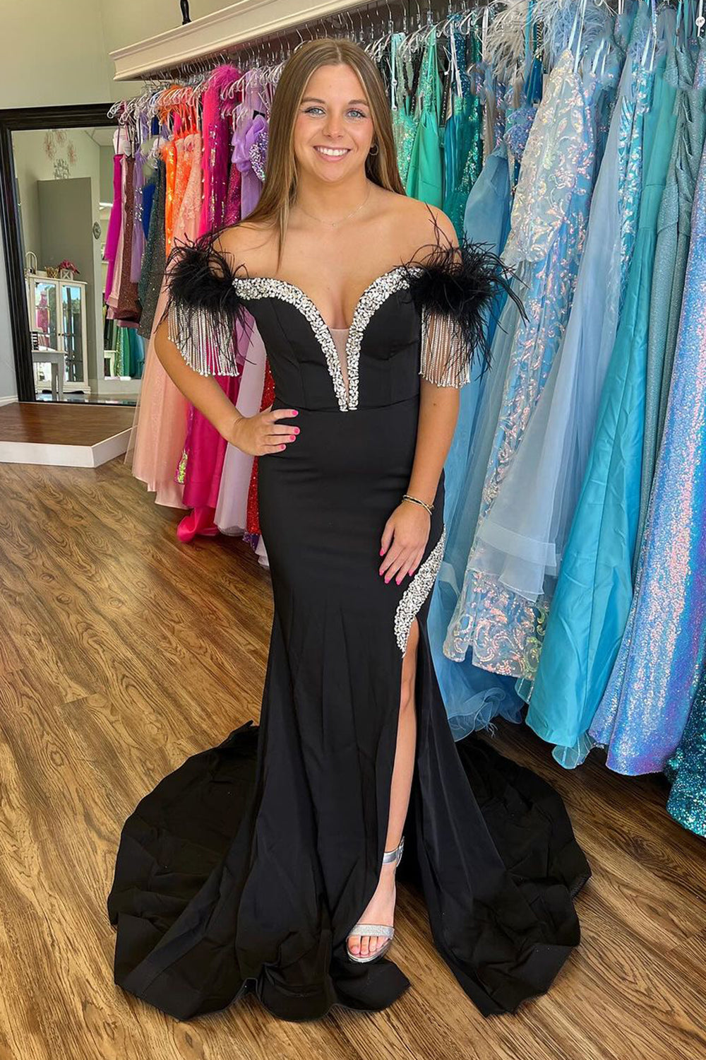 Off the Shoulder Mermaid Satin Long Prom Dress with Sequins