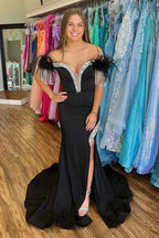 Off the Shoulder Mermaid Satin Long Prom Dress with Sequins