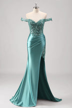 Mermaid Satin Off the Shoulder Long Corset Prom Dress with Appliques