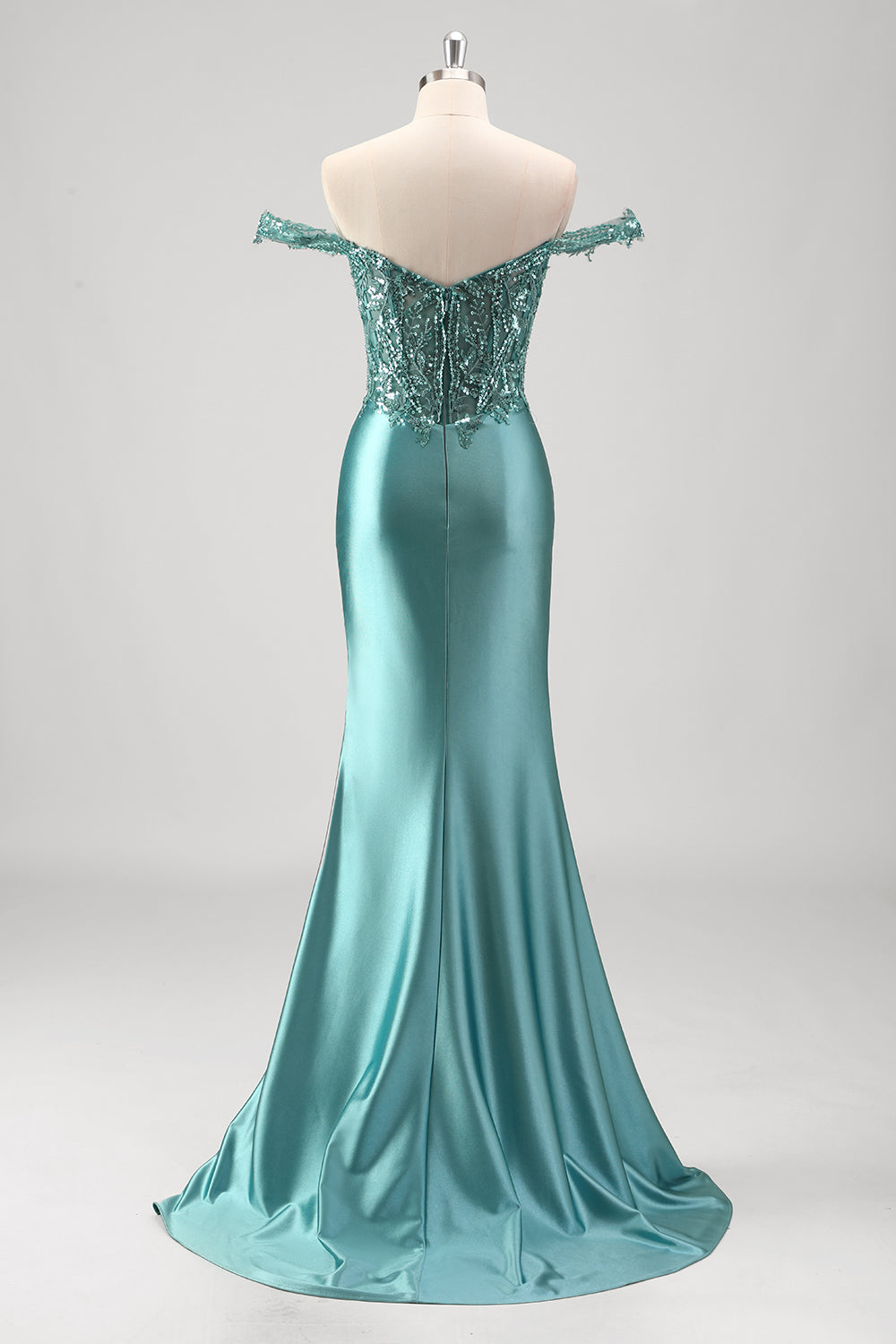 Mermaid Satin Off the Shoulder Long Corset Prom Dress with Appliques