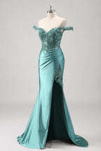 Mermaid Satin Off the Shoulder Long Corset Prom Dress with Appliques
