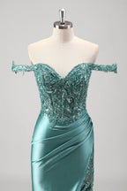 Mermaid Satin Off the Shoulder Long Corset Prom Dress with Appliques