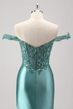 Mermaid Satin Off the Shoulder Long Corset Prom Dress with Appliques