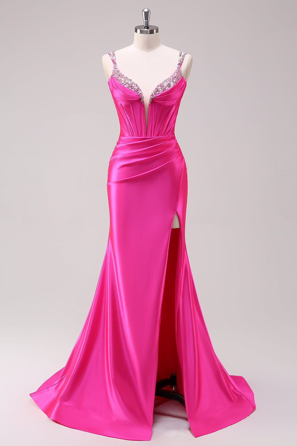 Mermaid Satin Spaghetti Straps Long Corset Prom Dress with Beading