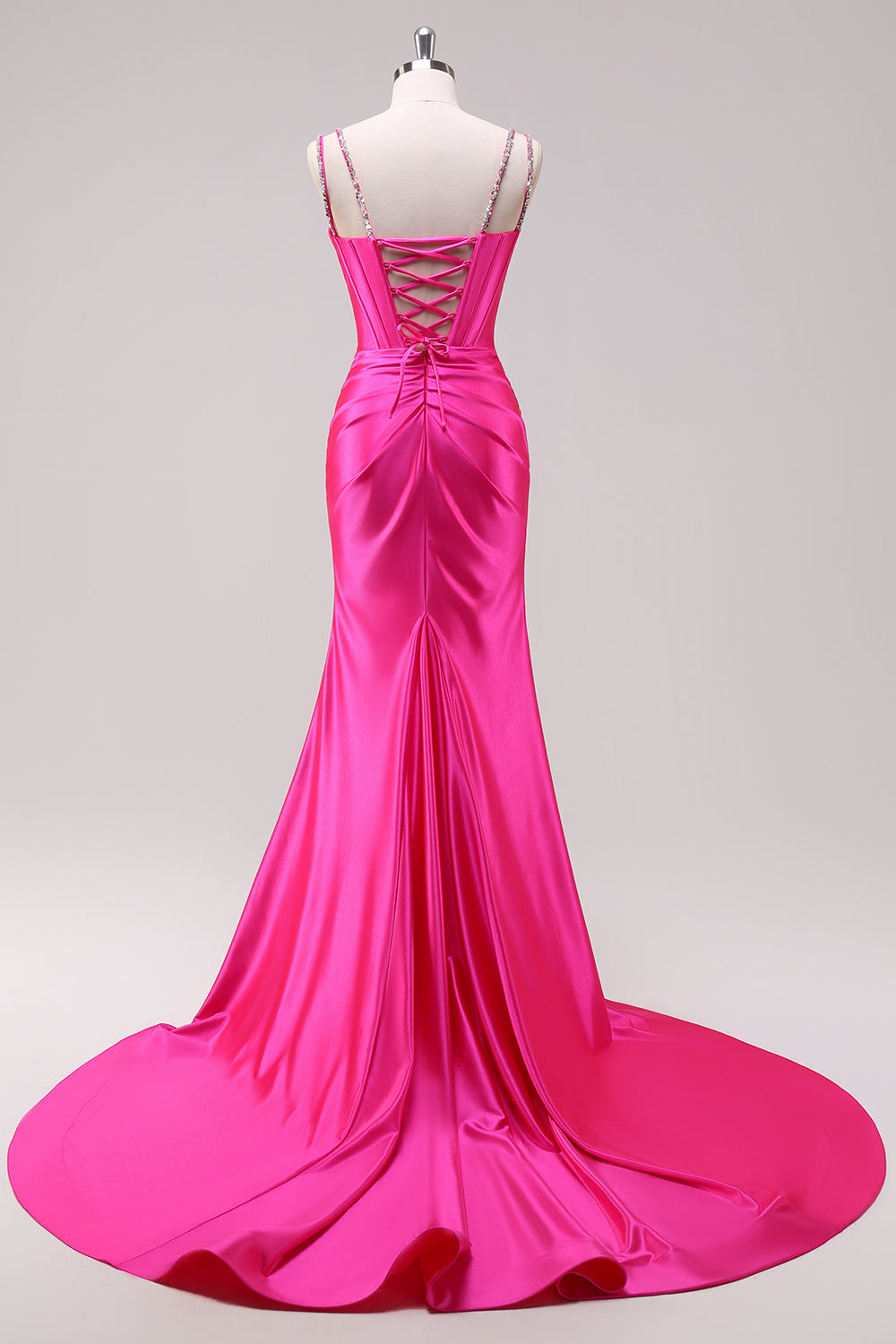 Mermaid Satin Spaghetti Straps Long Corset Prom Dress with Beading