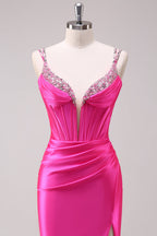 Mermaid Satin Spaghetti Straps Long Corset Prom Dress with Beading