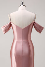 Blush Spaghetti Straps Ruched Mermaid Satin Long Prom Dress with Sequins