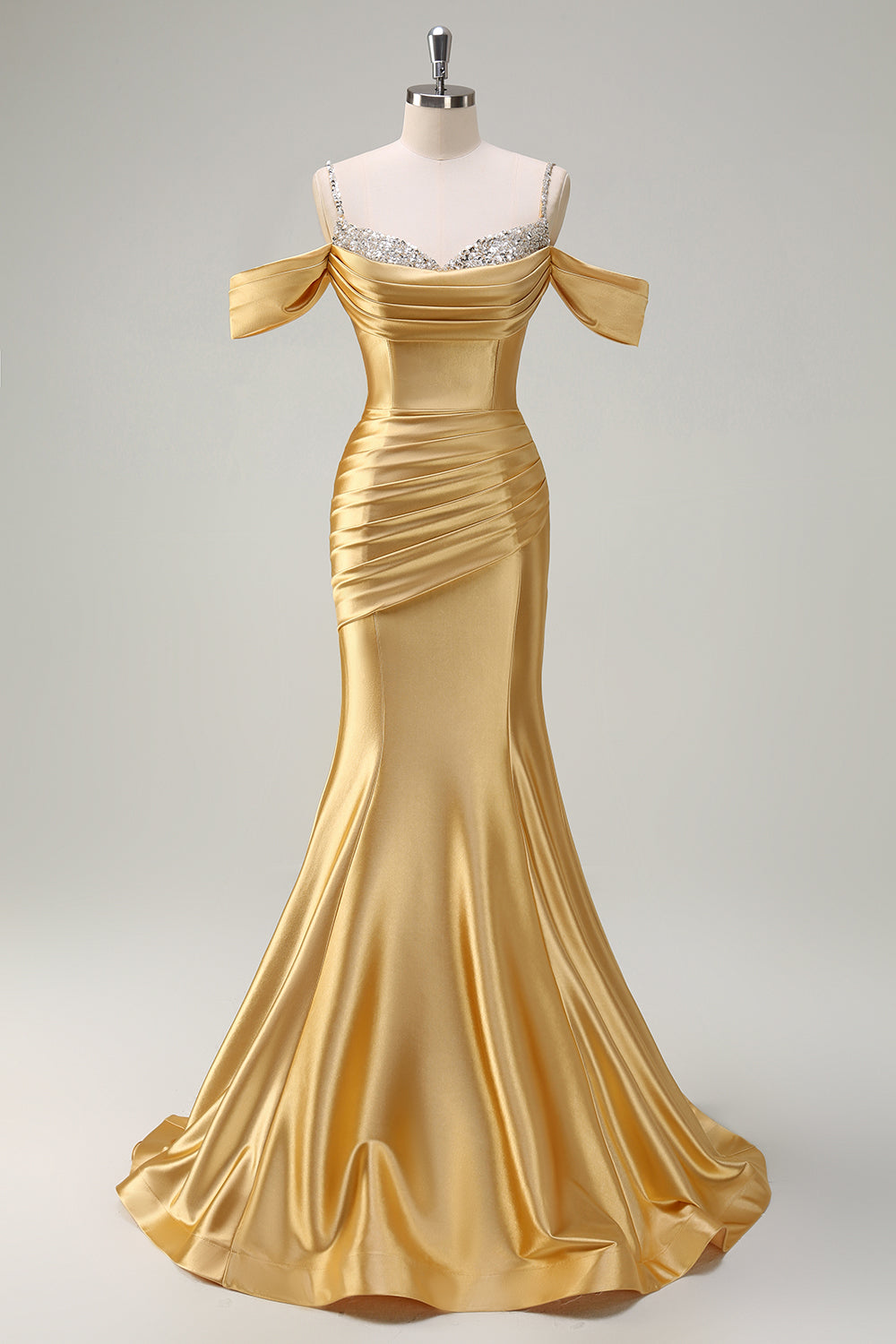 Blush Spaghetti Straps Ruched Mermaid Satin Long Prom Dress with Sequins
