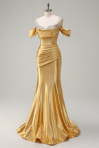 Blush Spaghetti Straps Ruched Mermaid Satin Long Prom Dress with Sequins