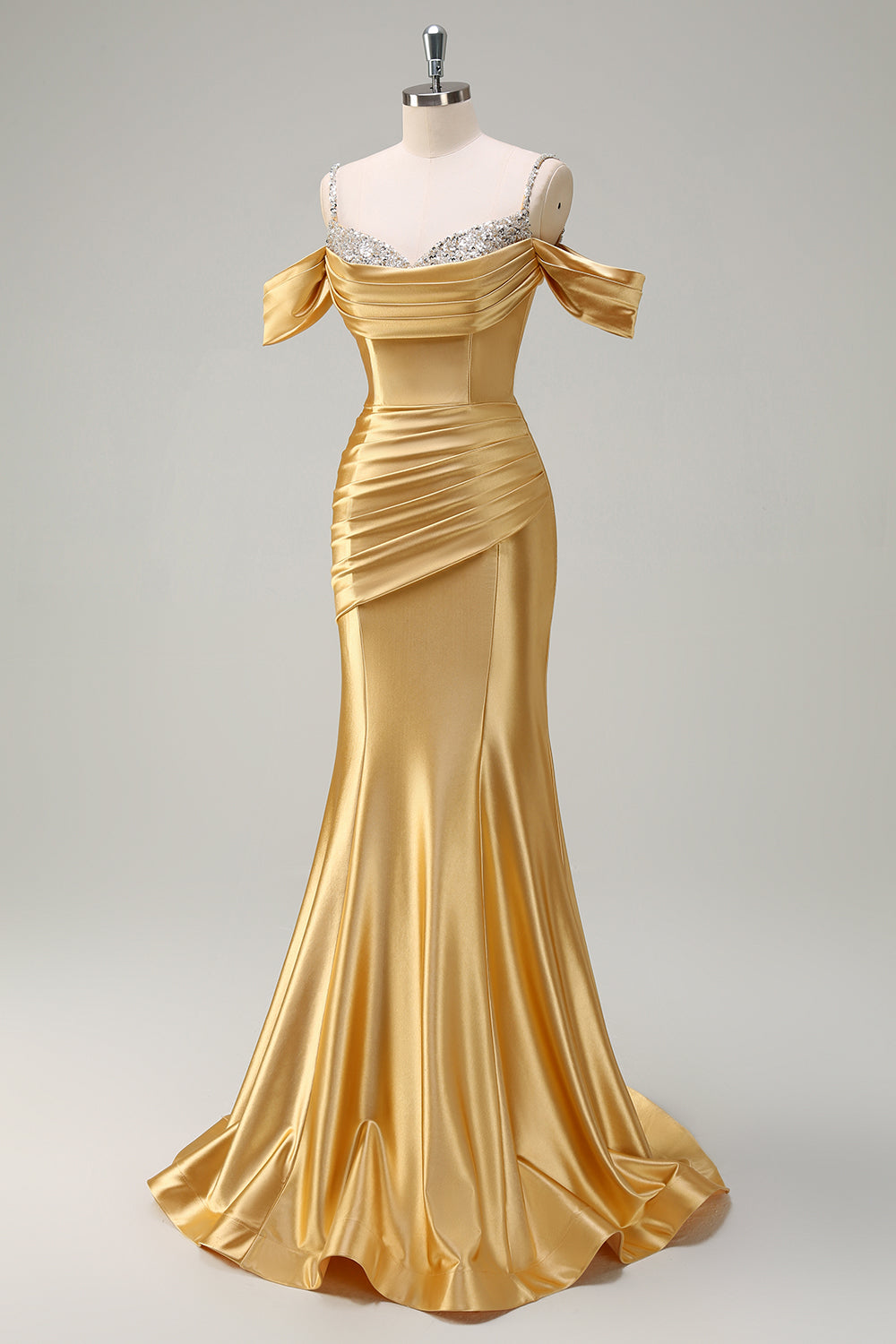 Blush Spaghetti Straps Ruched Mermaid Satin Long Prom Dress with Sequins