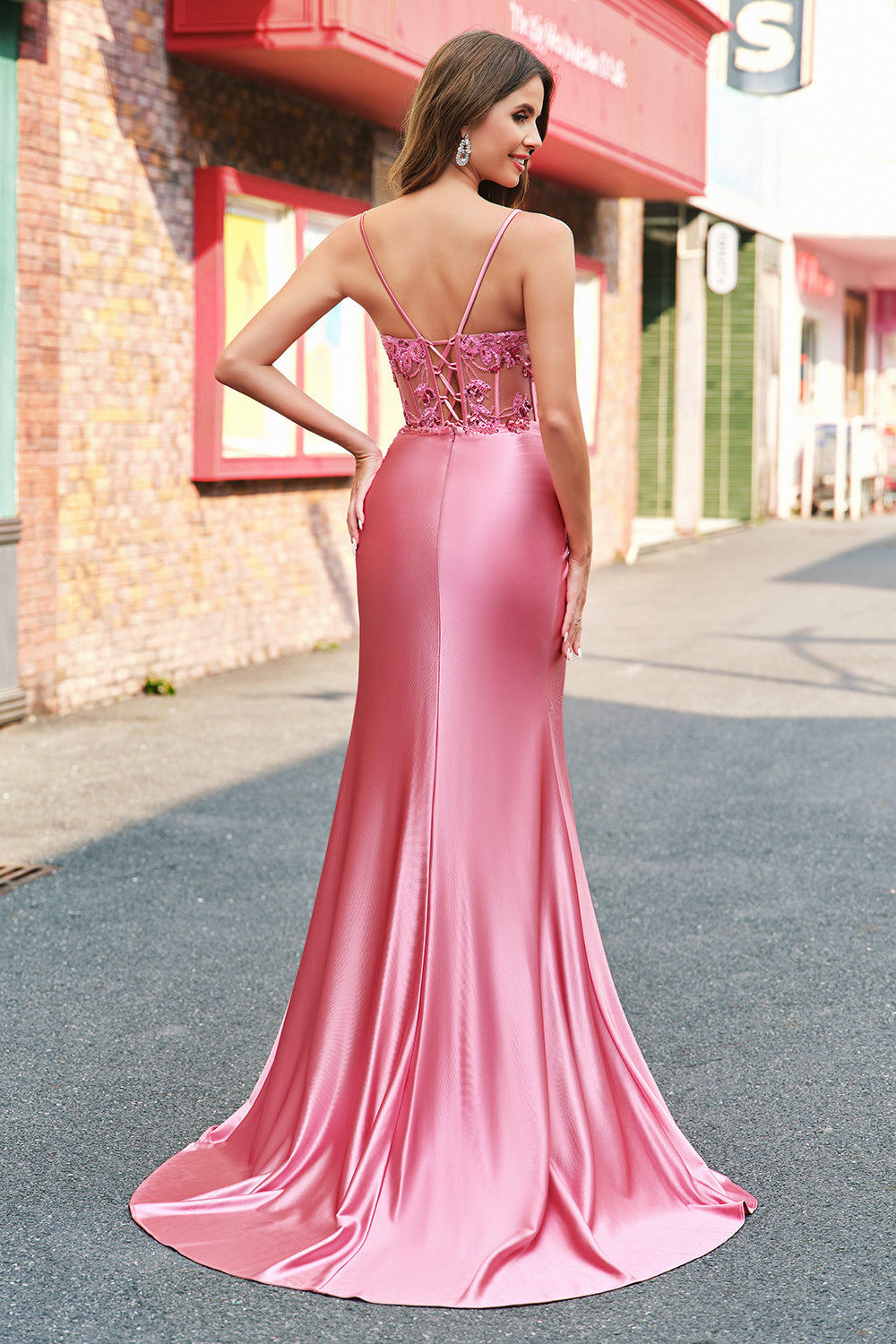 Coral Spaghetti Straps Satin Beaded Mermaid Long Prom Dress with Slit