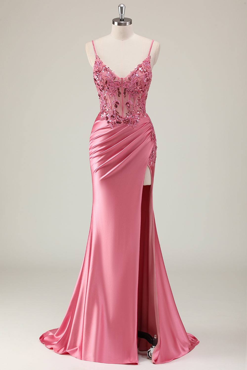 Coral Spaghetti Straps Satin Beaded Mermaid Long Prom Dress with Slit