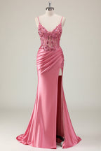 Coral Spaghetti Straps Satin Beaded Mermaid Long Prom Dress with Slit