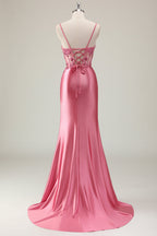 Coral Spaghetti Straps Satin Beaded Mermaid Long Prom Dress with Slit
