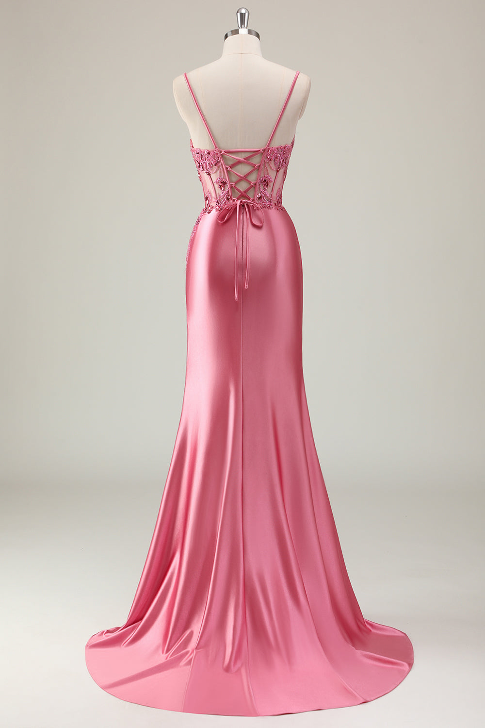 Coral Spaghetti Straps Satin Beaded Mermaid Long Prom Dress with Slit