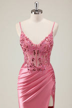 Coral Spaghetti Straps Satin Beaded Mermaid Long Prom Dress with Slit