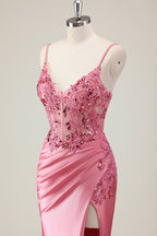 Coral Spaghetti Straps Satin Beaded Mermaid Long Prom Dress with Slit
