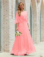 Sunnderly  Bridesmaid Dress Women Long Sleeve V-Neck Chiffon Formal Wedding Party Dress SY28018