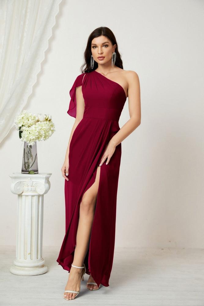 Numbersea  Chiffon Ruffled One Shoulder Long Bridesmaid Dresses A-line Formal Evening Gown Side Split 2809