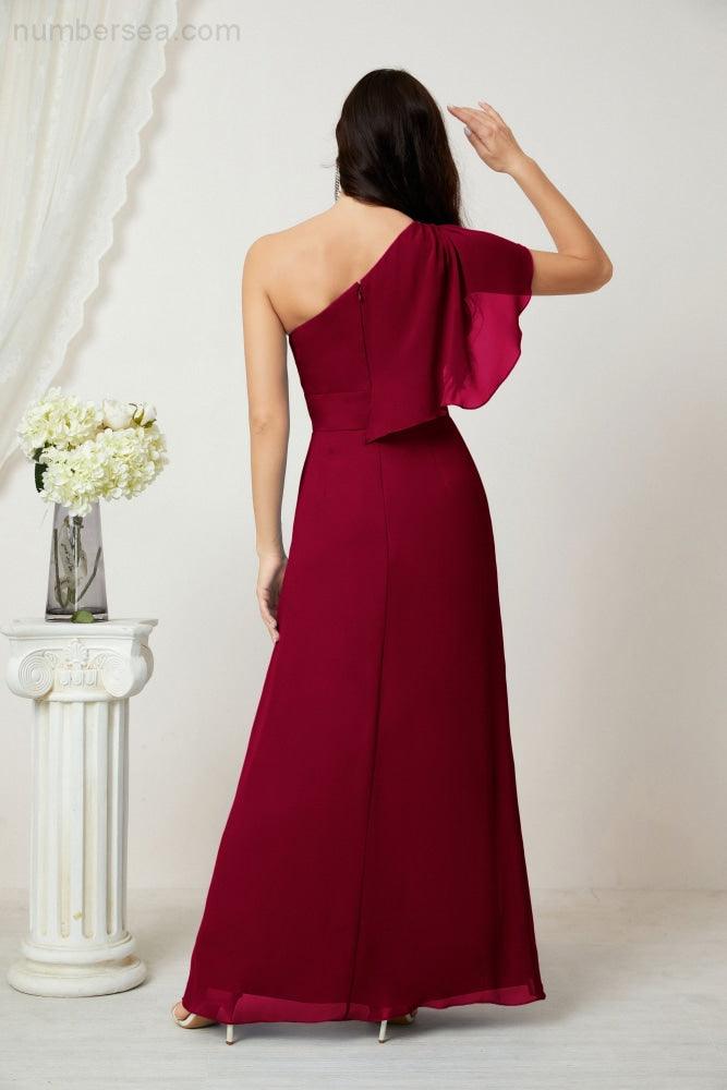 Numbersea  Chiffon Ruffled One Shoulder Long Bridesmaid Dresses A-line Formal Evening Gown Side Split 2809