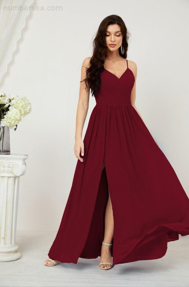 Baoleely  Neck Bridesmaid Dresses Chiffon Long Spaghetti A-line Formal Prom Gown for Wedding Party Evening 2801