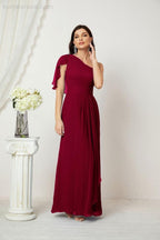 Numbersea  Chiffon Ruffled One Shoulder Long Bridesmaid Dresses A-line Formal Evening Gown Side Split 2809