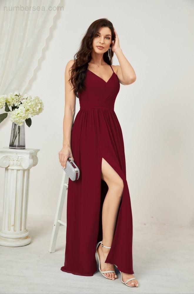 Baoleely  Neck Bridesmaid Dresses Chiffon Long Spaghetti A-line Formal Prom Gown for Wedding Party Evening 2801