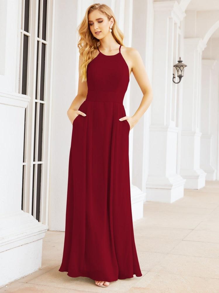 Numbersea Halter Bridesmaid Dresses with Pockets Sleeveless Formal Evening Party Prom Gowns  28055
