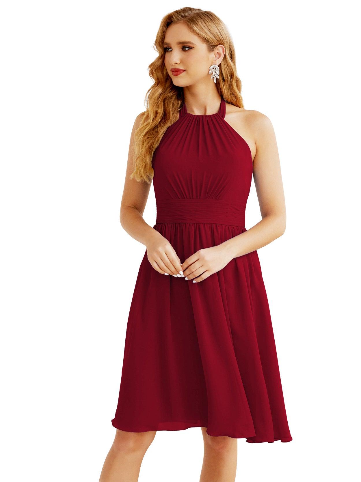 Baoleely Halter Chiffon Bridesmaid Dresses Short Sleeveless Formal Party Dress Open Back 28023