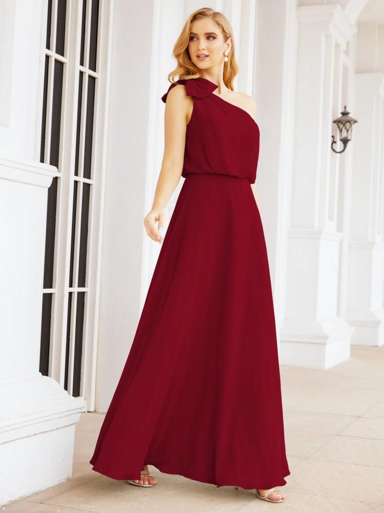 Numbersea Chiffon Ruffled One Shoulder Sleeveless Long Bride Dresses A-line Formal Evening Gown Side Split 28057
