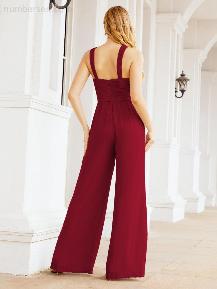 Numbersea Crisscross Neck Jumpsuit Formal Evening Dress Long Bridesmaid Dresses Bell-bottomed Pants 28033