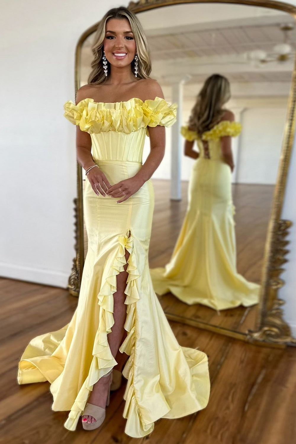 Off the Shoulder Mermaid Satin Long Prom Dress with Ruffles