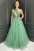 One Shoulder A-Line Tulle Long Prom Dress with 3D Flowers