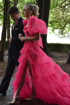 A-Line Tulle Tiered Square Neck Puff Sleeves Long Prom Dress with Slit