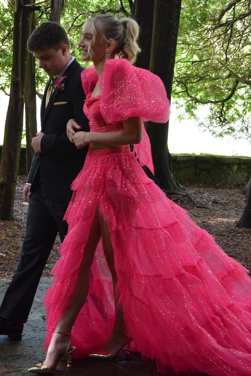 A-Line Tulle Tiered Square Neck Puff Sleeves Long Prom Dress with Slit