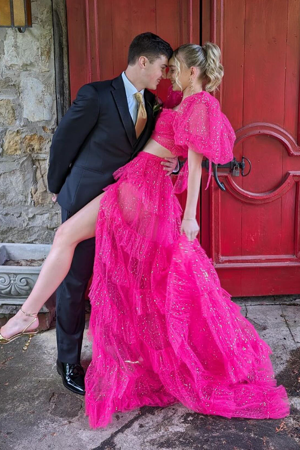 A-Line Tulle Tiered Square Neck Puff Sleeves Long Prom Dress with Slit